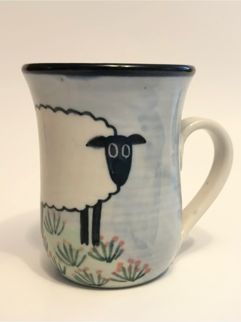 Karen Donleavy KD Signed Sheep Mug | White Coffee Cup | Studio Art Pottery 4.5”T